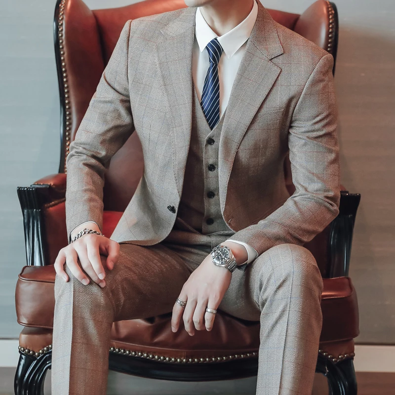 

2019 Autumn Winter Men Suit 3piece Set Size 4XL 5XL Mens Blazer Jacket + Pants + Vest High Quality Slim Fit Men Wedding Suits