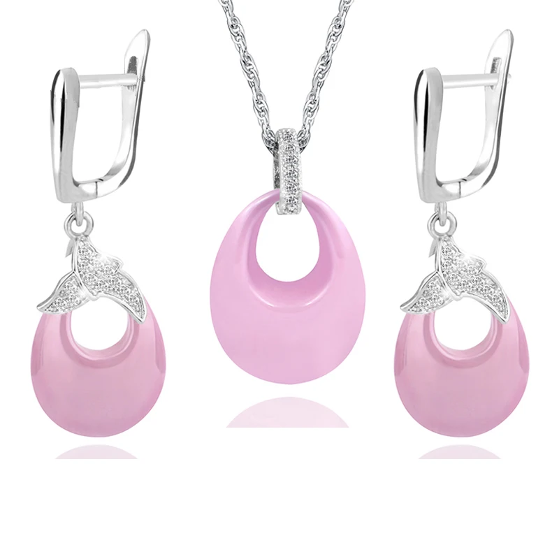 

Sweet Pink Ceramic Jewelry Accessories Water Drop Earrings & Pendant Necklace Sets Shimmering CZ For Women Female Lover Gifts