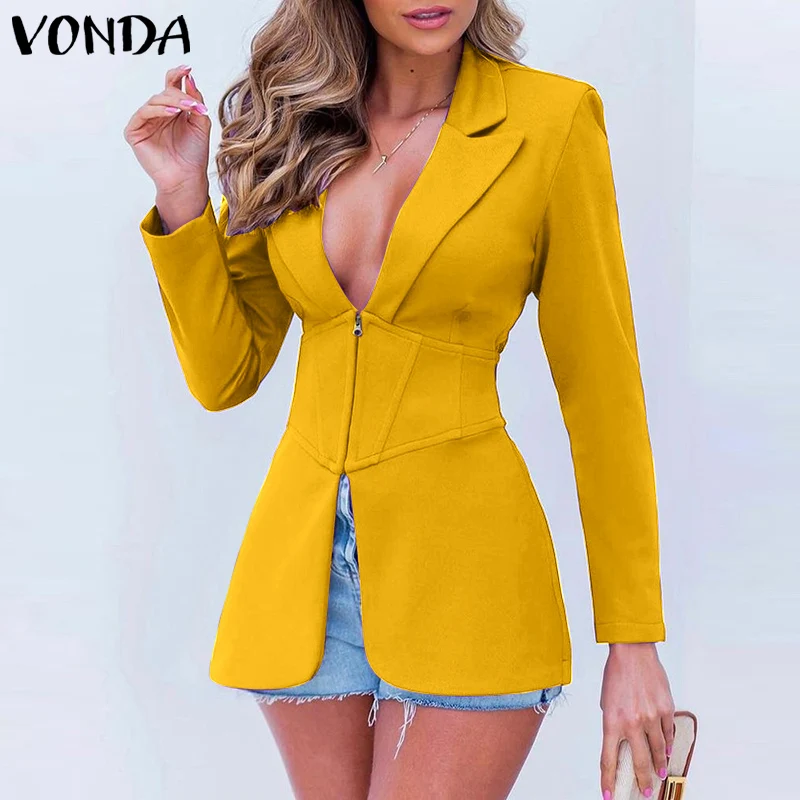 

OL Style Coats VONDA 2022 Women Casual Lapel Collar Zipper Suit Blazer Ladies Office Long Sleeve Coats Female Overcoats Veste