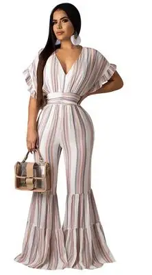 Полосатые обтягивающие сексуальные комбинезоны для женщин с глубоким v-образным