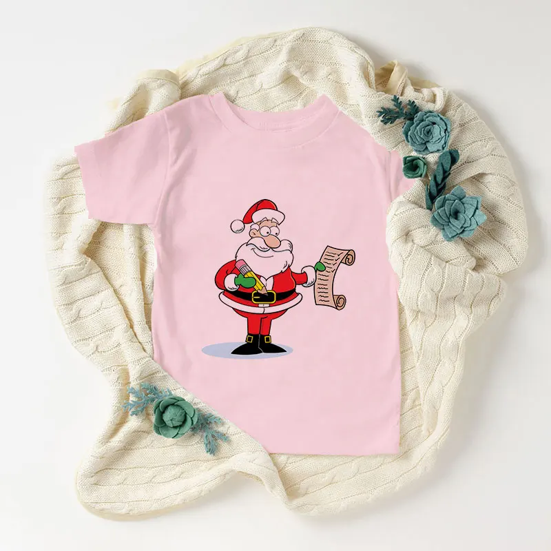 

New Pink Unisex Kid Clothes Baby Girl Tshirt Retro Kawaii Santa Cartoon Boys T Shirts Short Sleeve Girls Shirts Novelty Harajuku