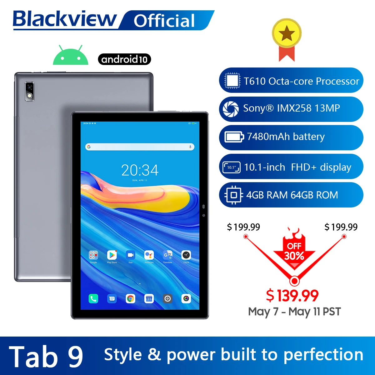 Blackview Tab 9 10,1 "Android 10 планшет 1920x1200 Octa Core 4 Гб Оперативная память 64 Гб Встроенная память подключается к сети 4G 13MP сзади Камера 7480 мА/ч, Планшеты ПК