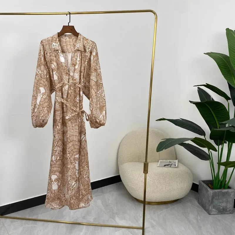 

Платье женское льняное с отложным воротником и длинным рукавом