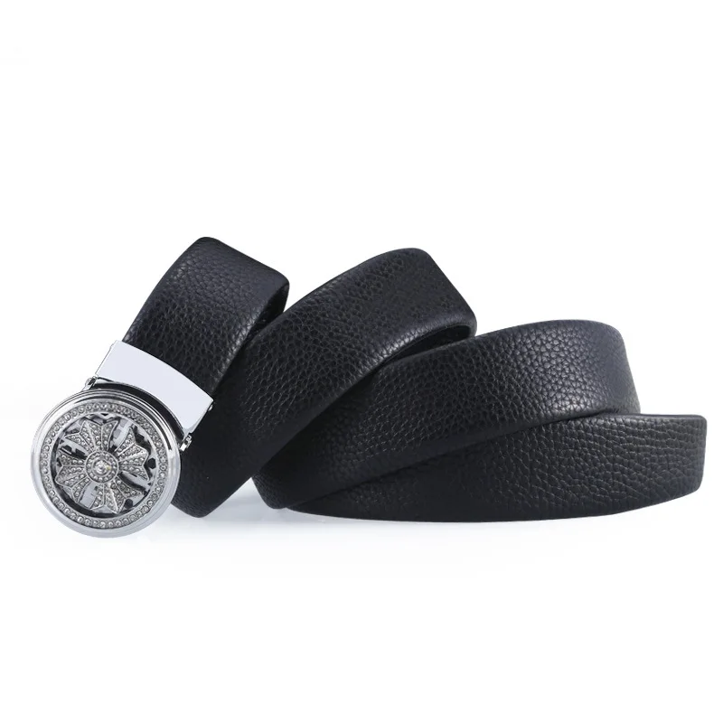 

Men's Belt with Metal Buckle Head and Diamond 2021 High Quality Leather Business Automatic Buckle Belt Luxury Designer Belt Pas