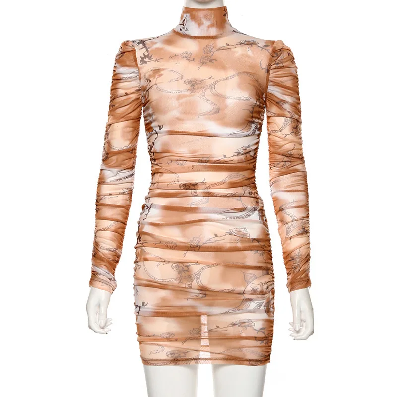 

2020 Autumn Women Dresses Winter Sexy Long Sleeve Printed Mesh Mini Bodycon Dress For Women Female