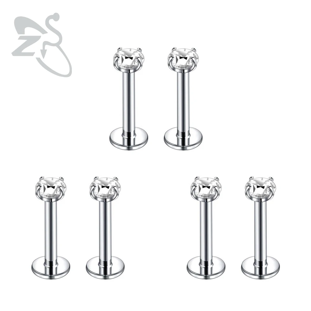 

ZS 6 Pcs/Lot 16G Stainless Steel Labret Lip Piercing Set 3/4/5/6MM CZ Crystal Ear Cartilage Tragus Helix Conch Piercings Jewelry