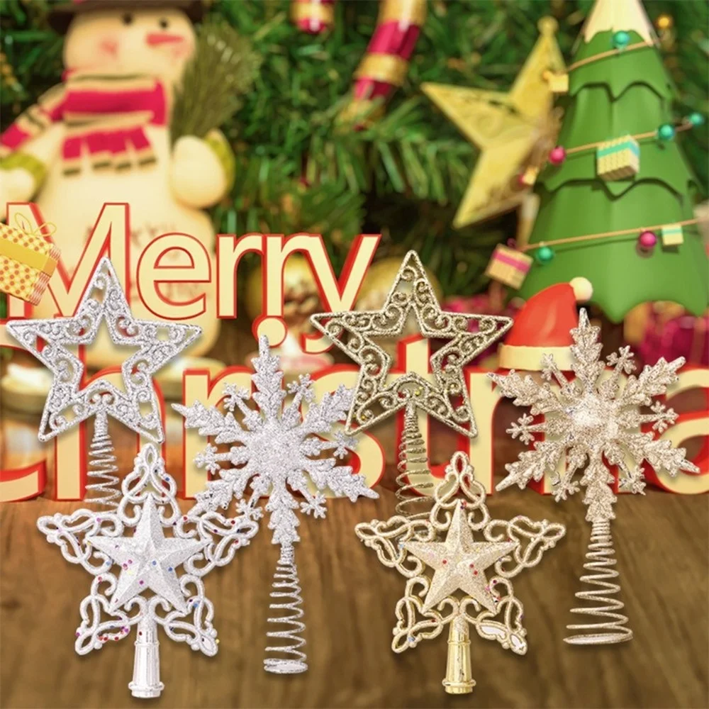 

Christmas Tree Topper 5 Pointed Star Glittered Powder Hollow Out 3D Snowflake Hanging Treetop Holiday Party Home Decoration