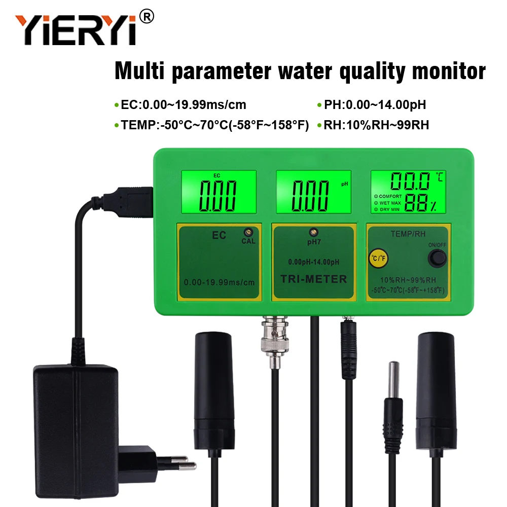yieryi 4 in 1 PH TEMP EC RH Water Quality Tester Monitor PH Meter Multi-parameter Aquarium Water Meter