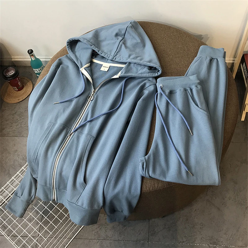 

Korean Ulzzang chic casual Autumn plus size Slim Harajuku two-piece suit street clothing zipper hooded hip hop ins female set