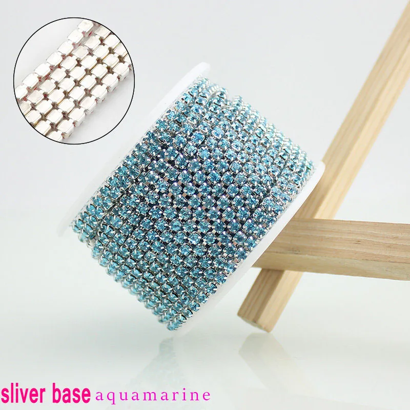 QIAO новые предложения кристалл горный хрусталь DIY Красота SS12 10 ярдов/рулон 3 мм модные аксессуары прозрачная близкая цепь страз в оправе - Цвет: Sliver aquamarine