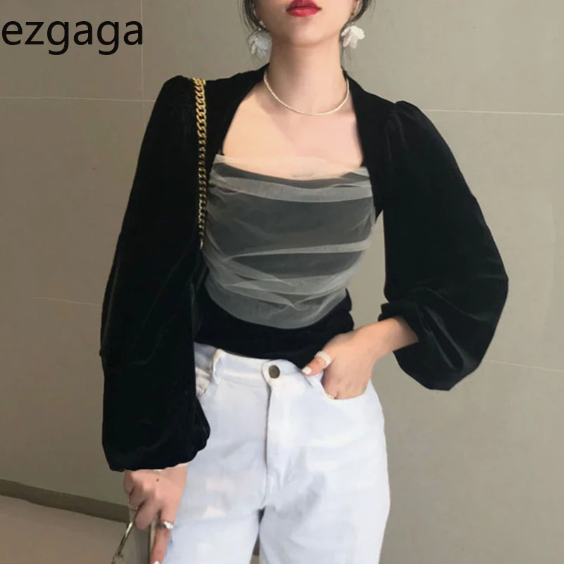 Женские вельветовые рубашки Ezgaga черные элегантные Лоскутные с длинным рукавом и