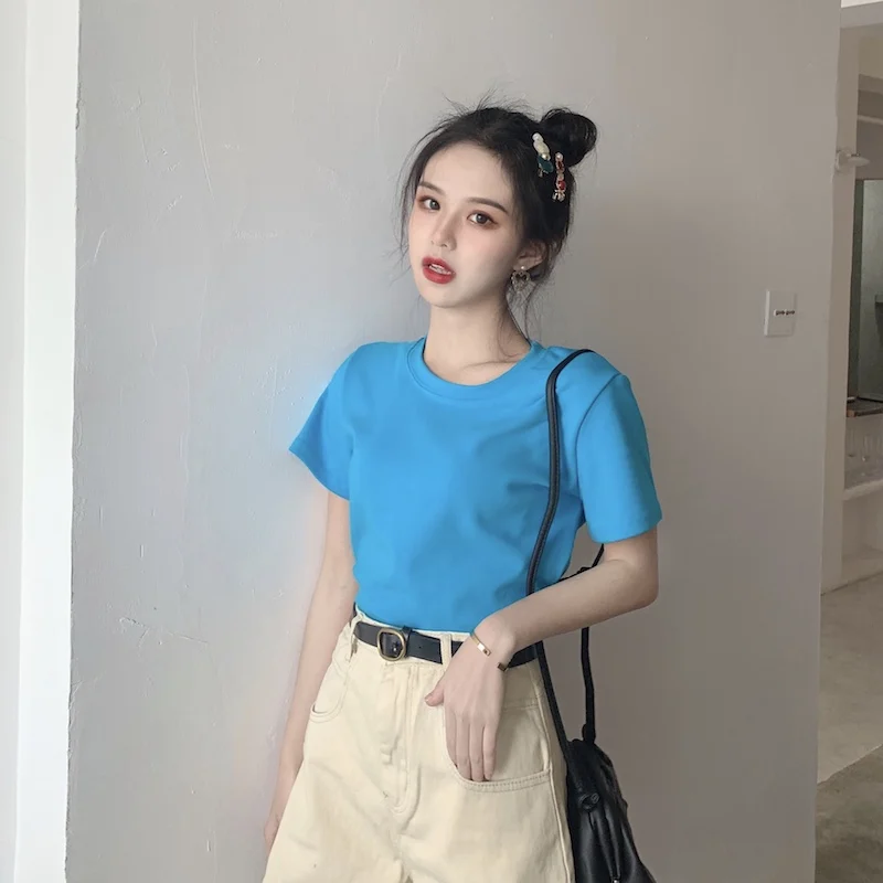 

T-Shirt Women'S Round Neck 2021 New Solid Color Loose And Versatile Half Sleeve Short Sleeve Top With Thin Base