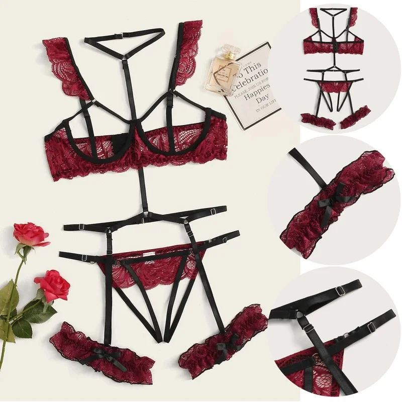 

New Sexy Fashion Lace Lingerie Underwear Sleepwear Steel Ring Pajamas Garter Women Intimates Underwear Bra Panties Set Lingerie