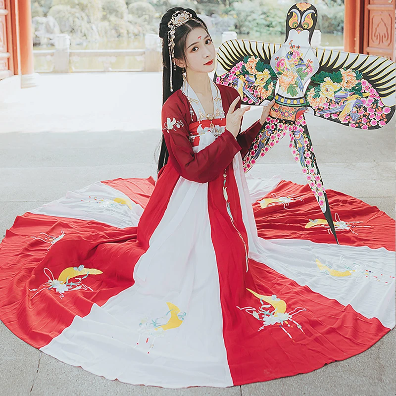 New Fairy Hanfu Red Top 6m Skirt Hem Cosplay Chinese Ancient Clothing Women's Wear Rave Girl Performance Festival Outfits 3264 |