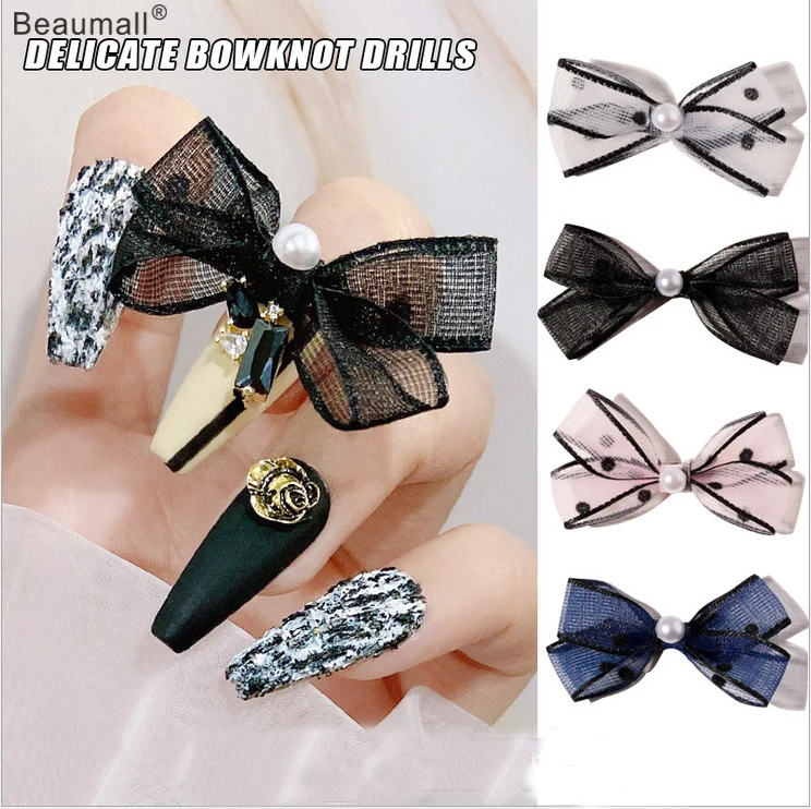

10pcs/lot, 3d Nail Art Fabric Bowknots With Pearls For Nail Tips Decorations