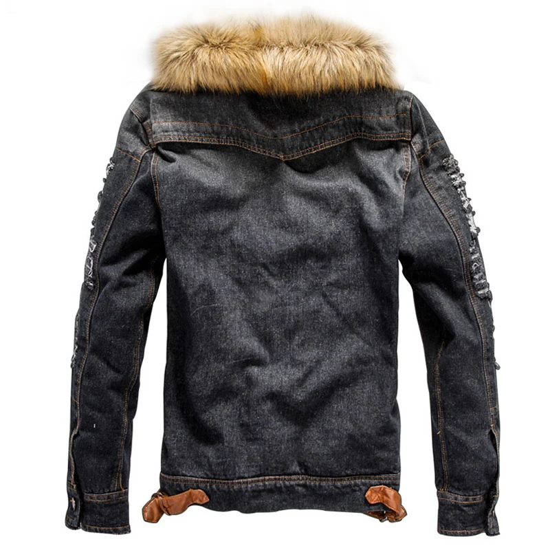 

PEVSN Spring Winter Denim Men Jackets Male Faux Fur Collar Retro Ripped Fleece Thick Warm Jeans Jacket and Coat 4XL,TA064