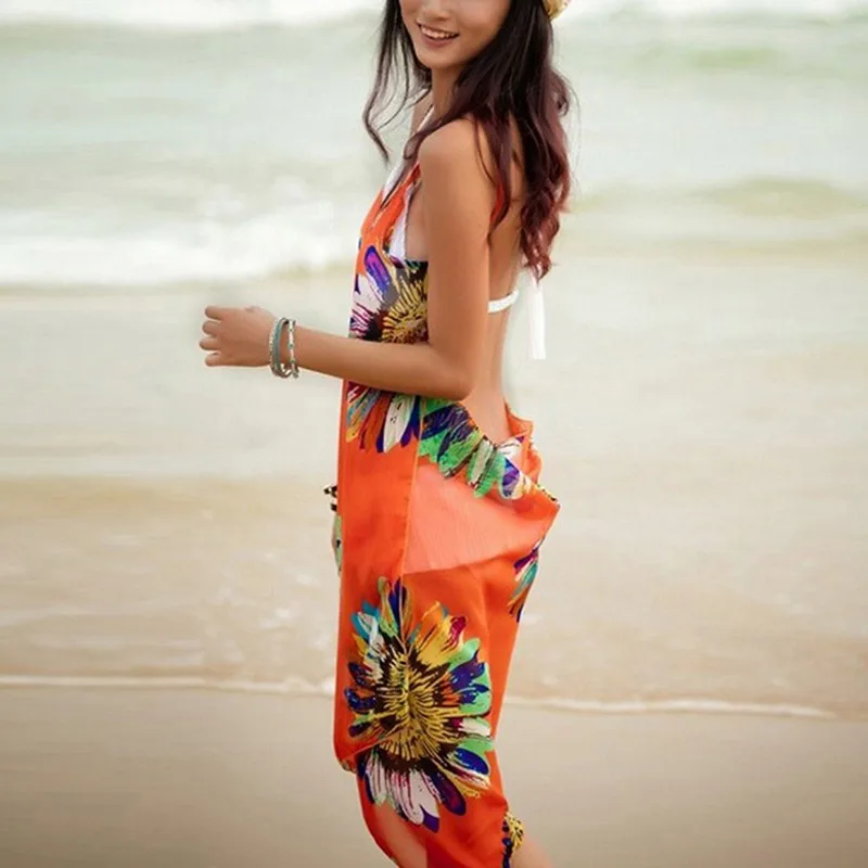 

2021 Printed Beach Cover Up Sexy Long Beach Dress Women Halter Sling Chiffon Bikini Wrap Pareo Skirts Backless Swimsuit Cover Up