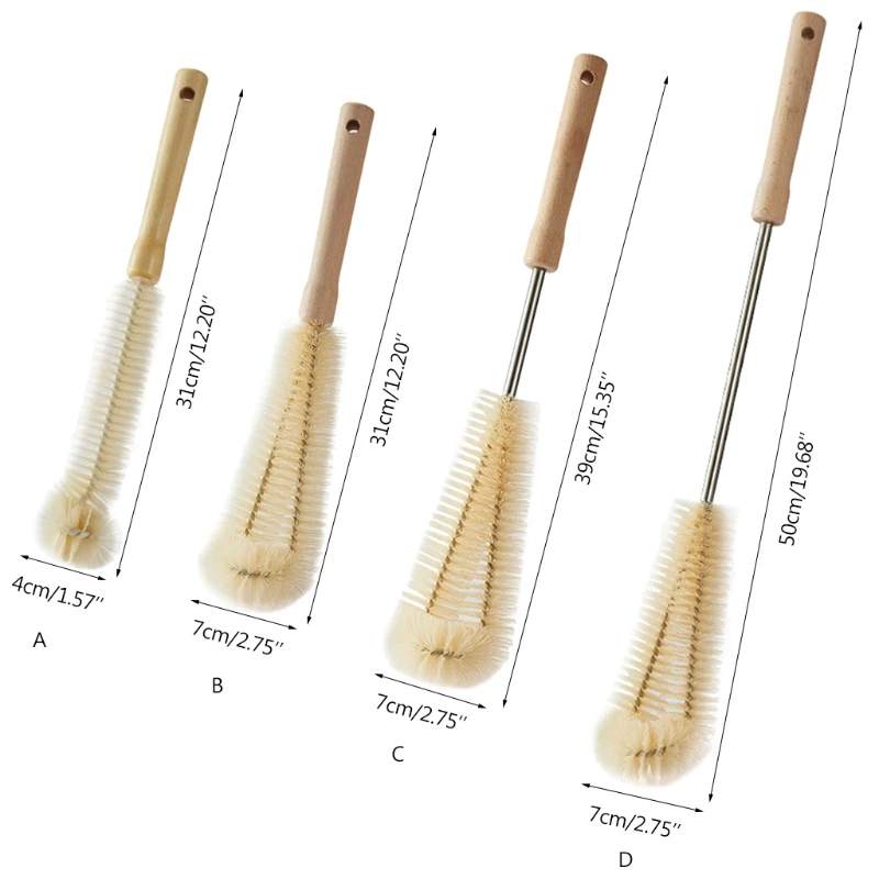 

OOTDTY Kitchen Cleaning Brush L-shaped Coffee Tea Glass Cup Baby Bottle Brush Hangable Wooden Handle Cleaner Gadgets