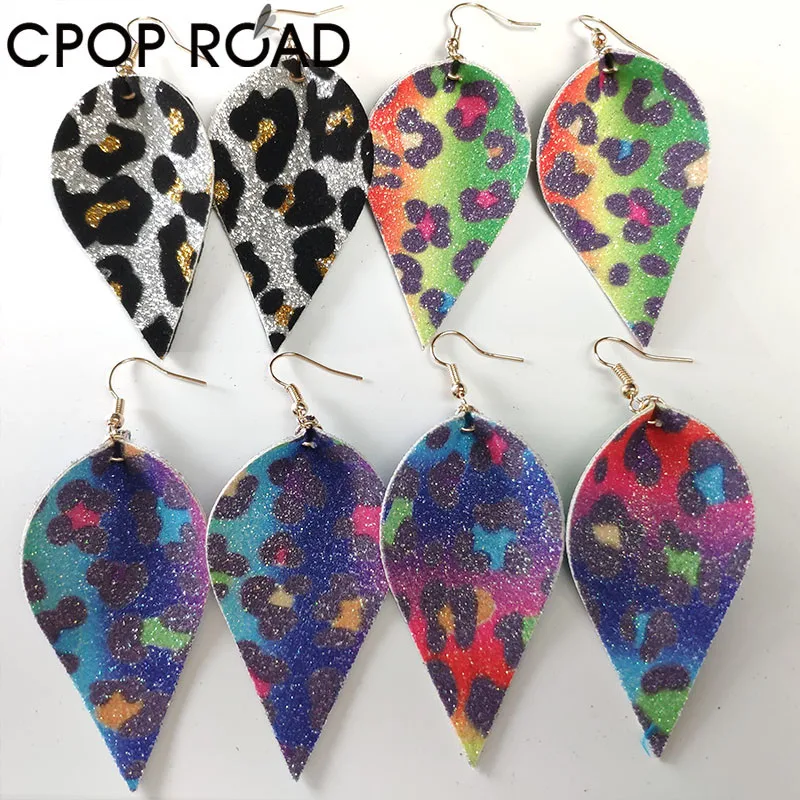 Cpop красочные леопардовые блестящие кожаные серьги в форме листа висячие с
