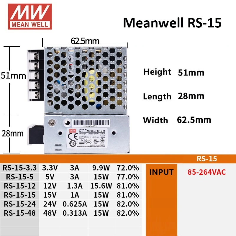MEAN WELL RS импульсный источник питания 220 В 5 в 12 24 48 блок трансформатор 10A 3A 5A 9A 2A
