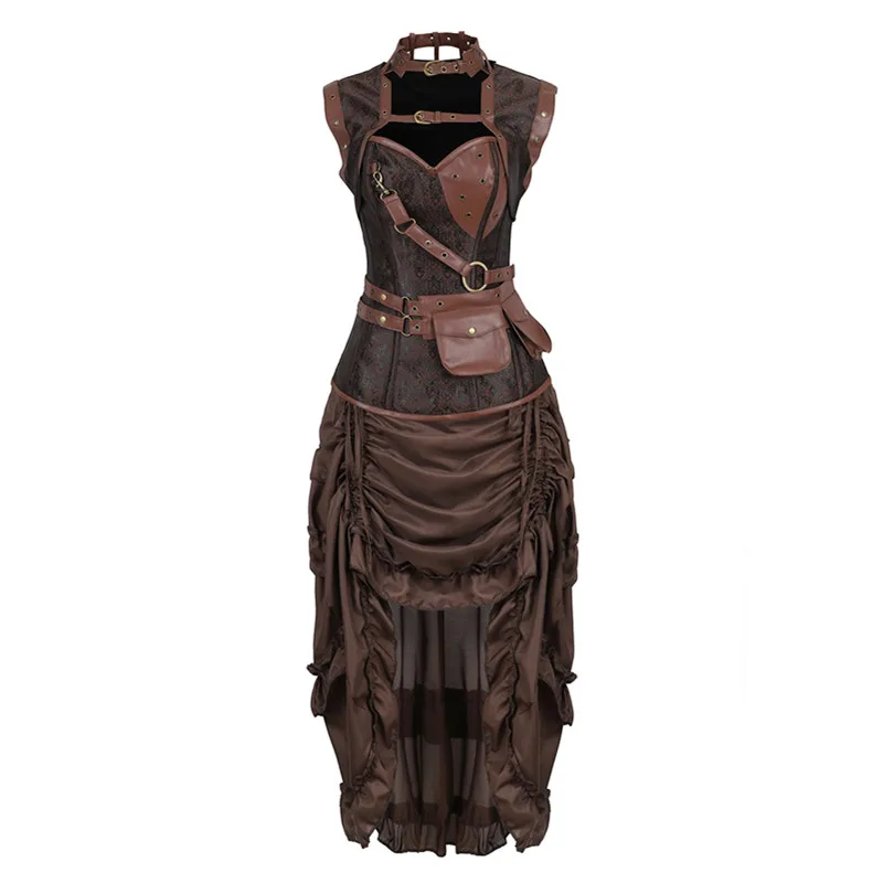 Steampunk Corsets Vest with Dress Burlesque Gothic Pirate Corset Bustier Faux Leather Skirts Women Plus Size Vintage Set Brown