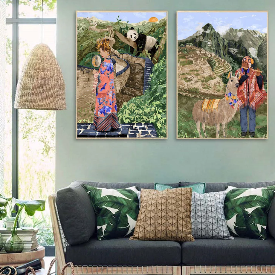 

Vintage Scenery Nordic Poster Lion Panda Tiger Woman Leaf Wall Art Canvas Painting Modern Wall Pictures For Living Room Unframed