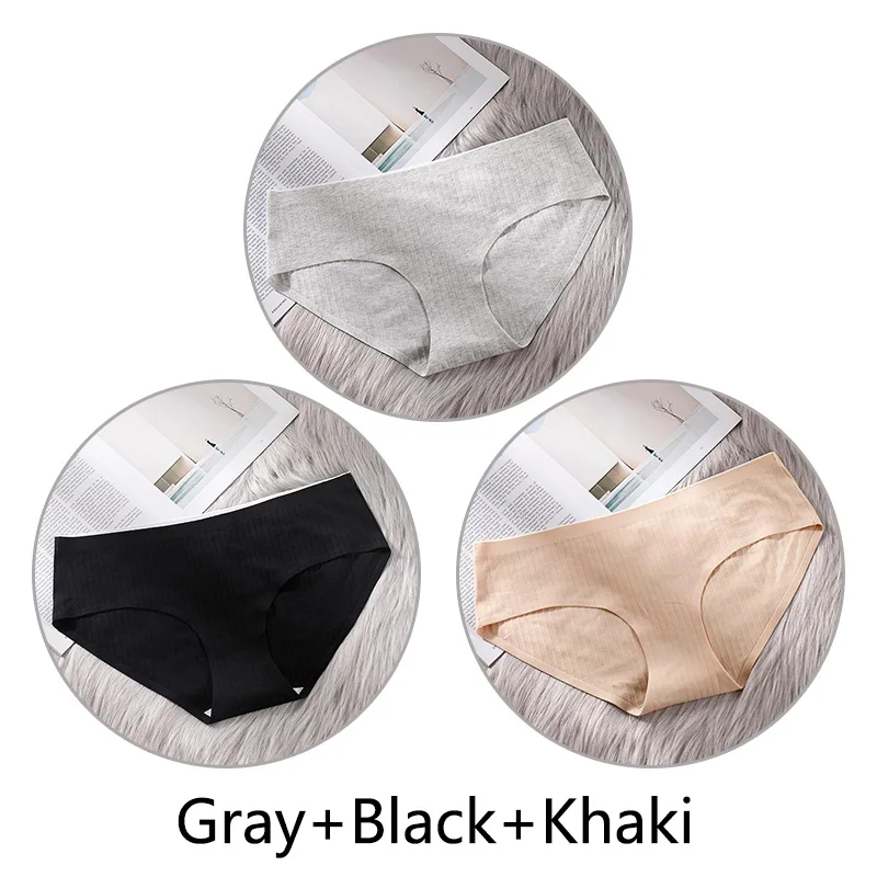 Gray Black Khaki 3 шт. сверхтонкое, бесшовное нижнее белье из хлопка, Для женщин нижнее белье, мягкие трусики с большими чашечками для Размеры 4XL белье соты с заниженным шаговым швом ткань нижнее бельё - Цвет: Gray Black Khaki