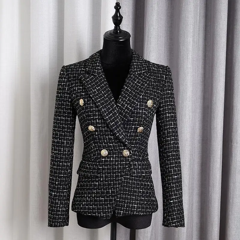 Women's Woolen Fabric Check Double Breasted Blazers  High Quality   Fashion Blended  Slim Long Sleeve Blazer