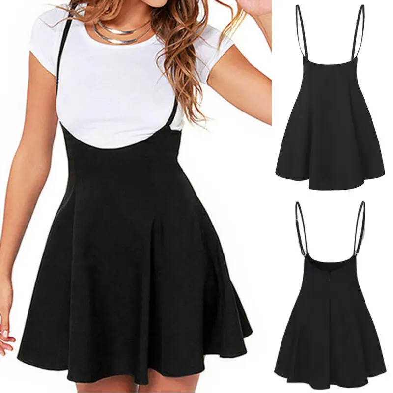 Женская плиссированная мини-юбка на лямках черная подтяжках с высокой талией