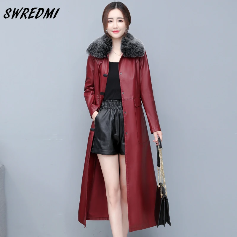 Long Leather Trench Women With Large Fur Many Style Choose Spring Coat Autumn Leather Clothing Outerwear Oversized Suede SWREDMI