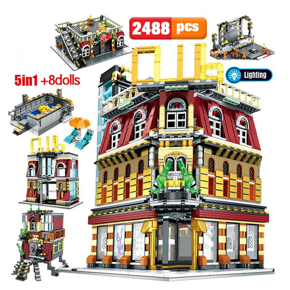 

2488PCS Creative Street View Series 5 in 1 USB Light Nightclub House Building Blocks DIY Figures Bricks Toys Gifts for Children
