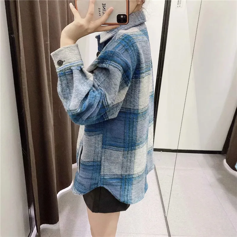 

PSEEWE Za Winter Jacket Women 2020 Blue Oversized Plaid Jacket Coat Woman Vintage Pockets Long Sleeve Loose Casual Outerwear Top