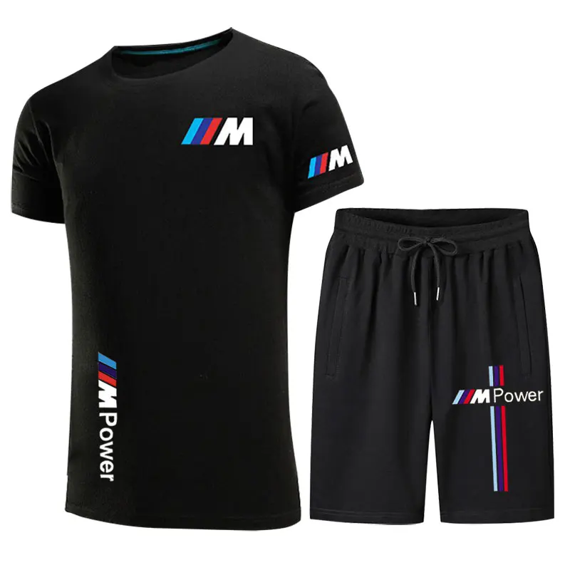 

2021 Summer Cotton Men's Funny Casual Short-Sleeved Solid Color Unisex Round Neck Hip-hop T-shirt Sports Top +Shorts 2 Piece Set