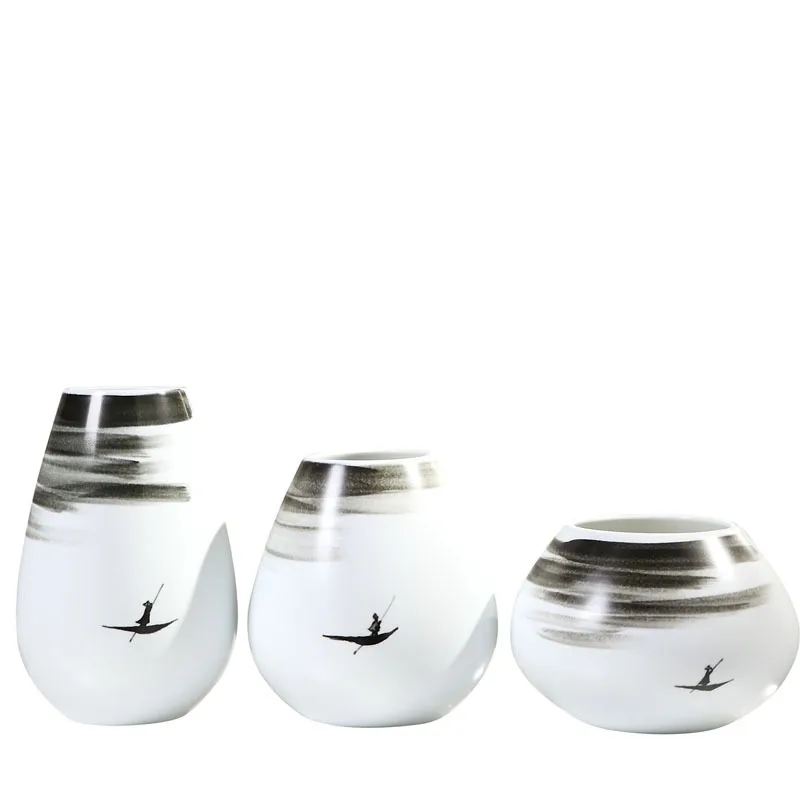 

Chinese Zen Ceramics Vases White Ink Painting Vase Artificial Flowers Dried Flower Floral Arrangement Landscape Art Home Decor