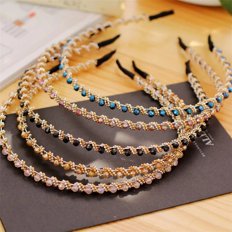 

Crystal Beaded Thin Edge Hair Hoop Handmade Non-slip Hair Band Elegant Chic Hair Accessories Shiny Luxury Rhinestone Headbands