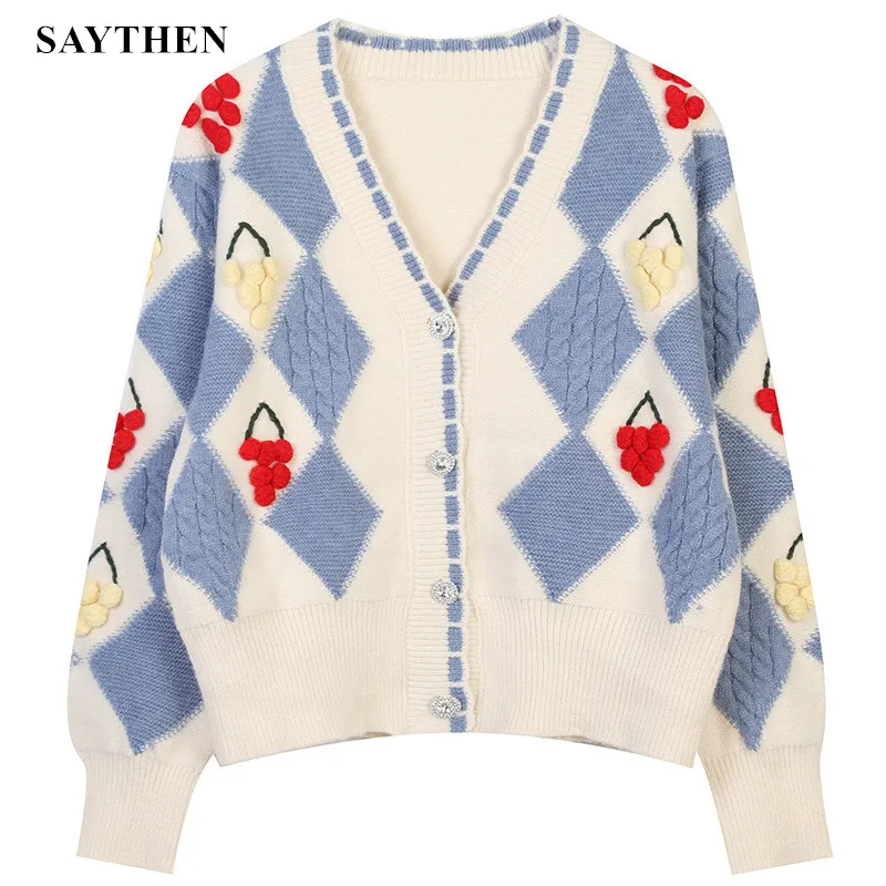 

SAYTHEN Cardigans Women 2021 Autumn Winter V Neck Single Braested Long Sleeve Vintage Argyle Plaid Korean Fashion knittingTops
