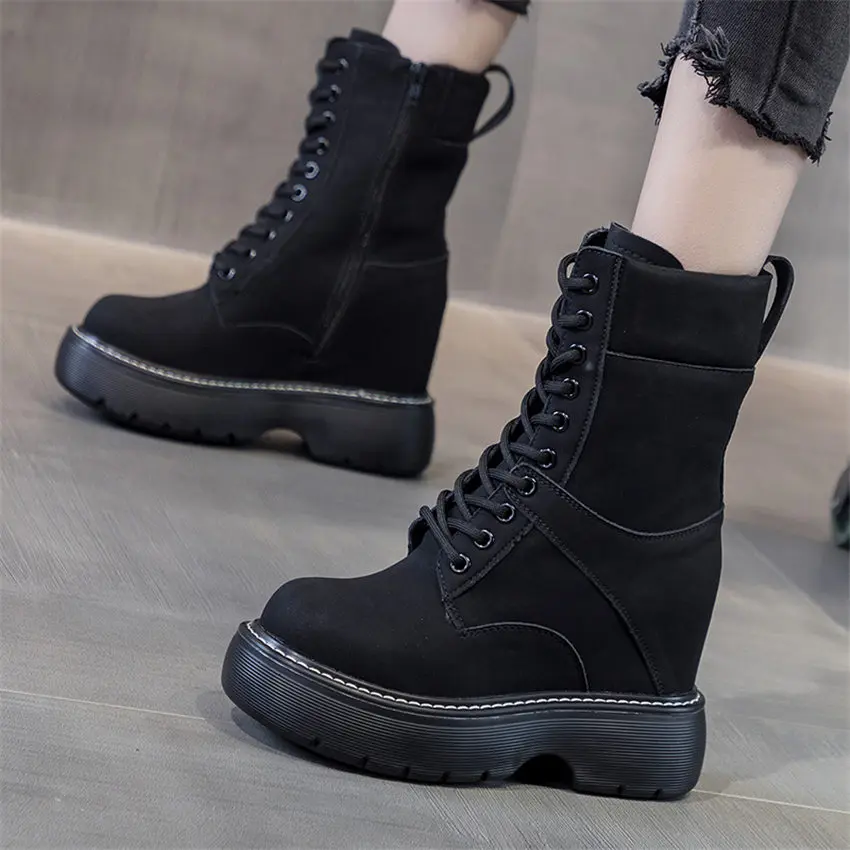 

Military Riding Boots Women Genuine Cow Suede Platform Wedge Ankle Boots Lace Up Round Toe High Heels Creepers Increasing Heigh