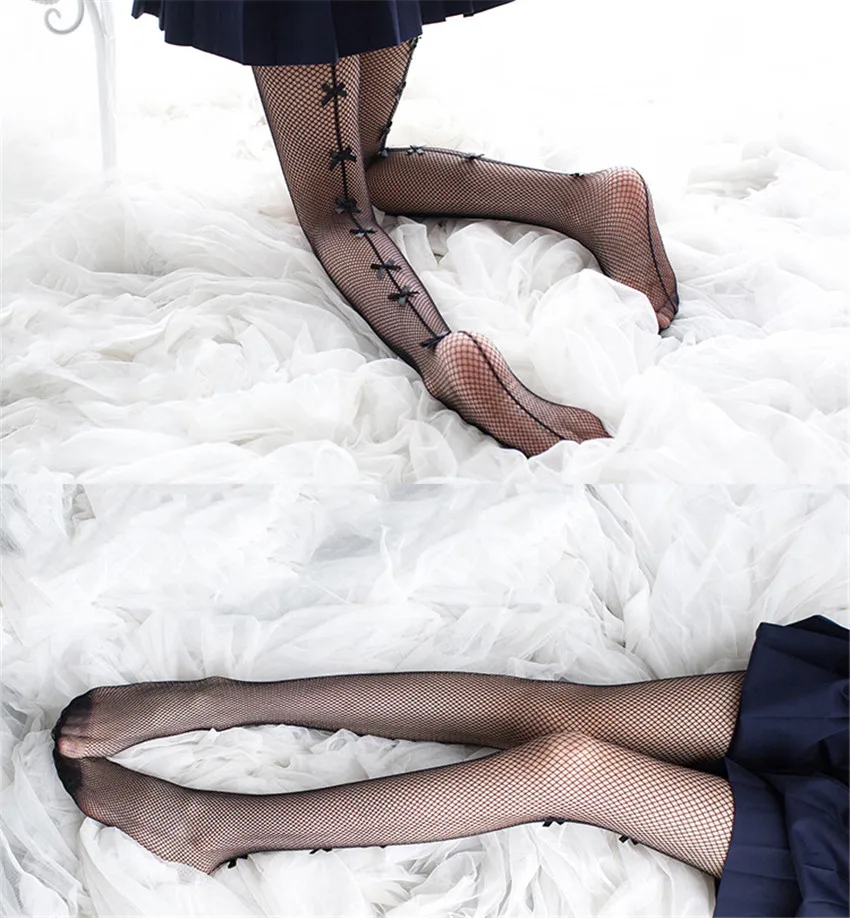 

Stay Up Fishnet High Stockings Vertical Line Bow Small Net Pantyhose Over Back Knee Women Sexy Mesh Stockings