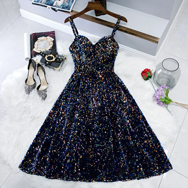 

TULX Navy Blue Homecoming Dresses Wedding Party Spaghetti Strap Bling Sequin Short Midi Back Return To Home Prom Evening Dress