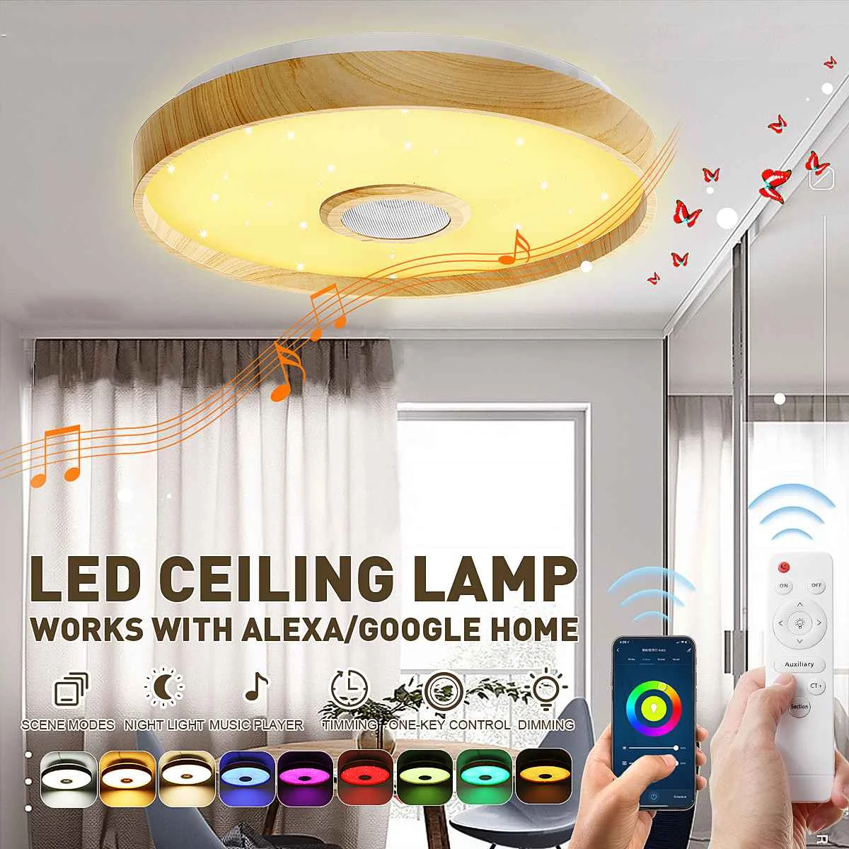 Lámpara de techo LED de 100W para teléfono inteligente altavoz de música con bluetooth, aplicación de luz con Control remoto RGB, lámpara de techo de dormitorio regulable