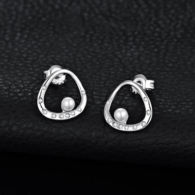 JewelryPalace Modern Art Deco Crystal 3mm Round Shape Shell Pearl Curved Circle Stud Earrings 925 Sterling Silver Trendy Jewelry