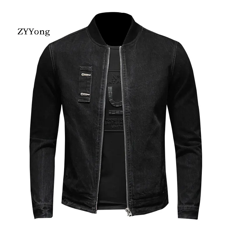 Retro European Style Stand Collar Bomber Pilot Black Denim Jacket Men Jeans Coats Motorcycle Casual Outwear Clothing Overcoat