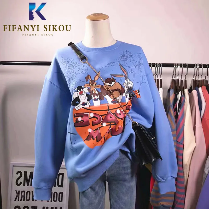 

2020 Spring Women Hoodies Cartoon Print Funny Sweatshirt Tops O-Neck Long Sleeve Pullover Female Loose Plus Size Sweatshirts