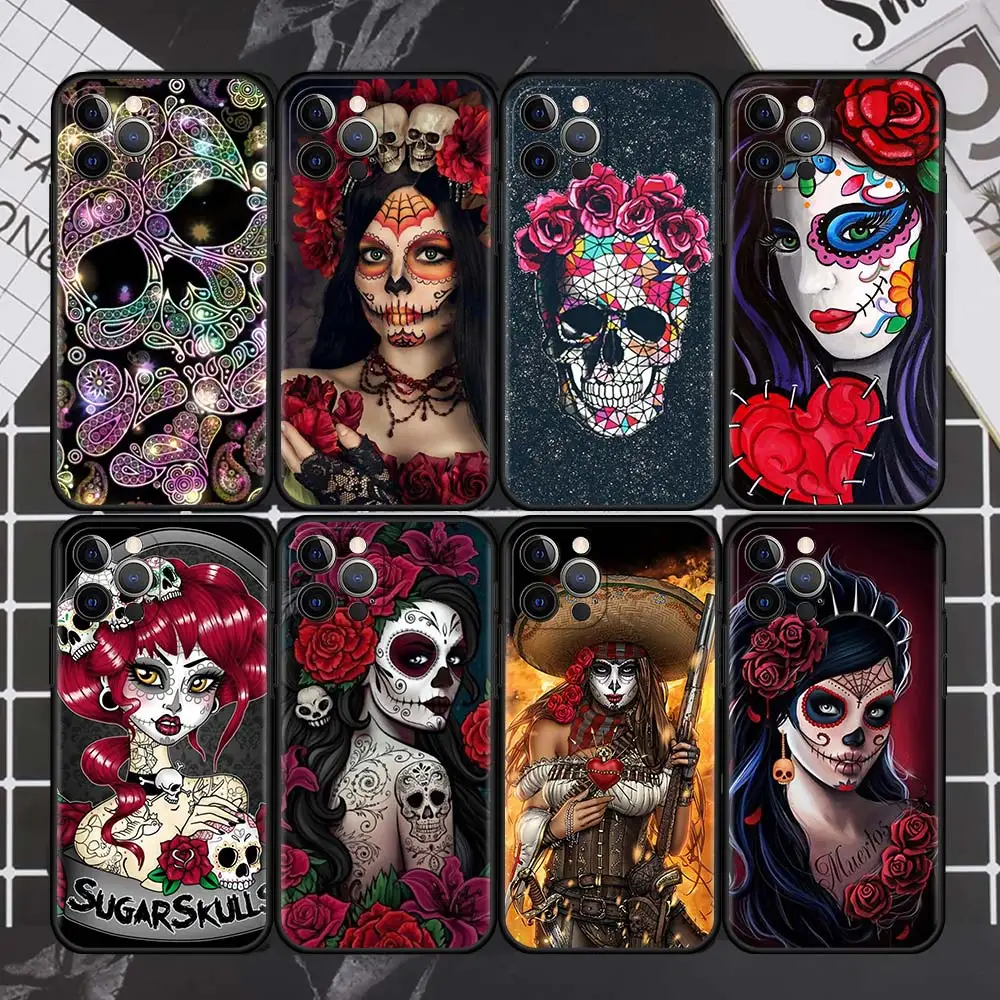

Catrina Beautiful Rose Girl Skull Art Phone Case For iPhone 13 11 12 Pro XR 7 8 + X XS Max 6 6S Plus 5 5S SE 2020 Coque Shell