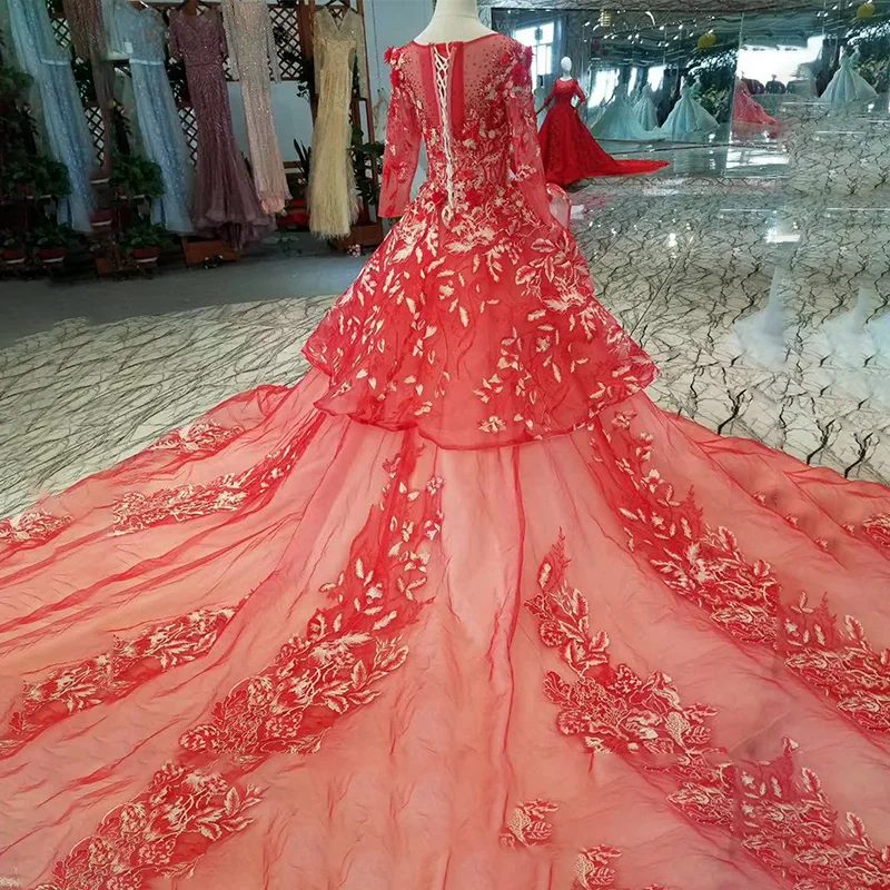 LSS185 красное платье для свадебной вечеринки многослойное с длинным рукавом