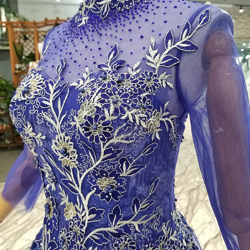 LS921450 дешевые синие платья для матери невесты с высоким воротом женщин