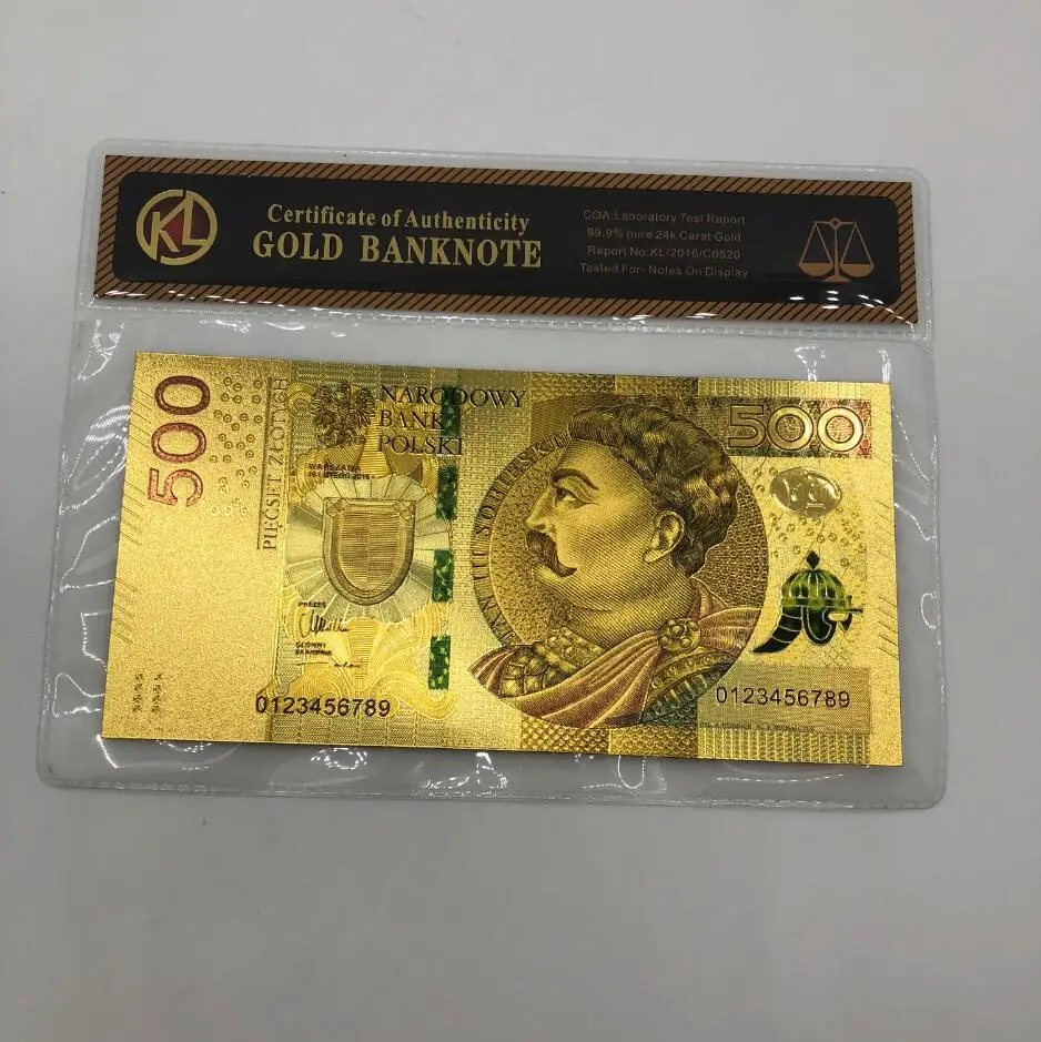 500PLN Горячее предложение, 1 шт., неизданный выпуск 1994 года, польская валюта, спроектированная цветная 24K позолоченная банкнота 500 злотых для банка, сувенирные подарки - Цвет: 500PLN