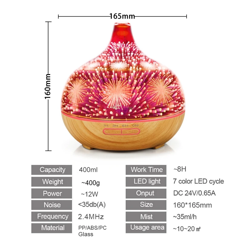 3D фейерверк стеклянный увлажнитель воздуха с 7 видов цветов светодиодный Ночной
