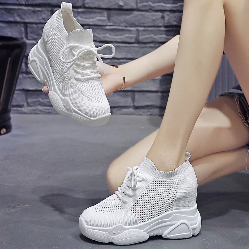 Fashion 2022 Autumn High Platform High Heels Women Thick Sole Shoes 10CM Heels Wedge Sneakers Breathable Mesh Casual Shoes Woman