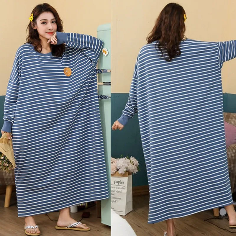 В полоску Женская летняя модная ночная сорочка с длинными рукавами Повседневная